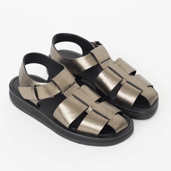 The Row Shoes - The Row Fisherman Bronze Gold Strappy Woven Leather Sandals